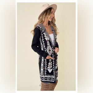 Anthropologie Black & Rainbow, Geometric/Aztec design open front hooded cardigan